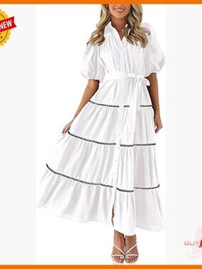 Women's Summer Button Down Shirt Dress Puffy Sleeve Tiered Ruffle Maxi